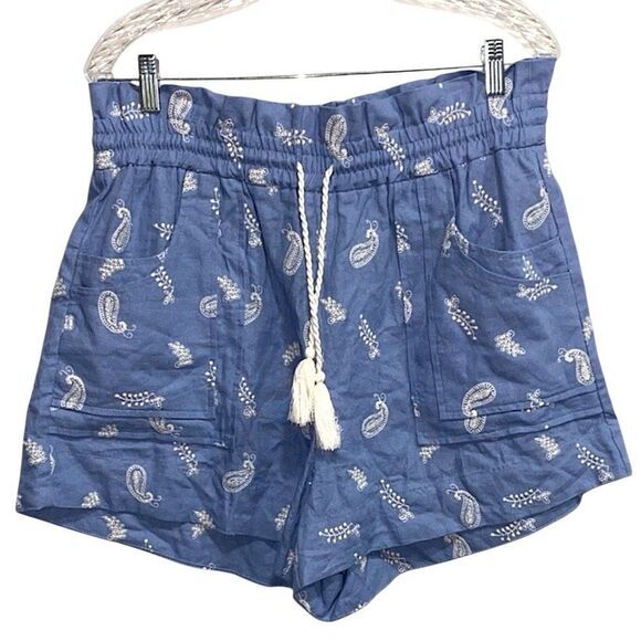 House of Harlow Boho‎ Embroidered Paisley Linen Blend Paperbag Shorts Sz L - Picture 1 of 13